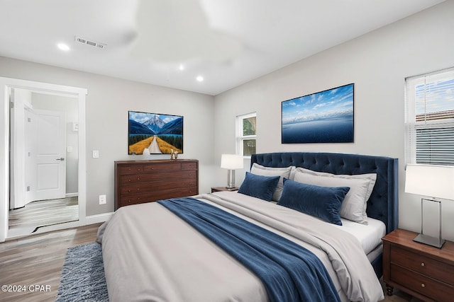 bedroom featuring multiple windows and light wood-type flooring