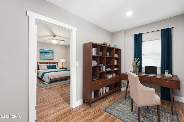 home office featuring light hardwood / wood-style floors and ceiling fan