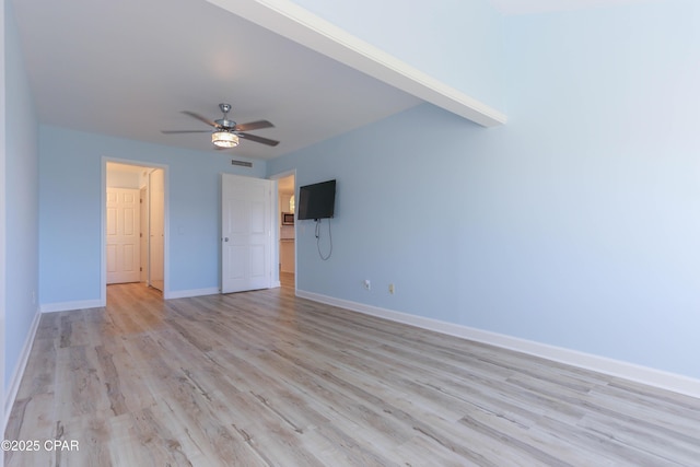 spare room with visible vents, baseboards, light wood-style floors, and ceiling fan