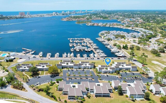 birds eye view of property featuring a water view