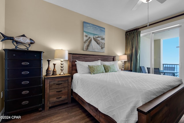 bedroom featuring ceiling fan and dark hardwood / wood-style floors