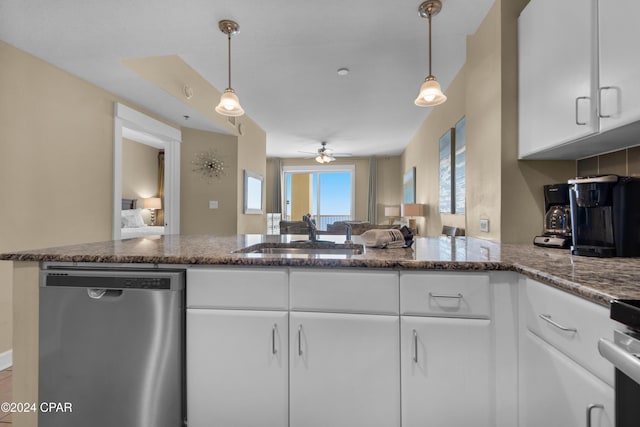 kitchen with white cabinetry, sink, ceiling fan, and stainless steel dishwasher