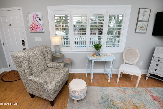 living area with plenty of natural light and hardwood / wood-style flooring