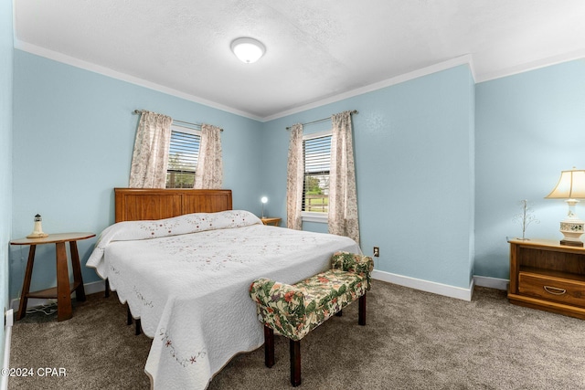 carpeted bedroom with a textured ceiling and crown molding