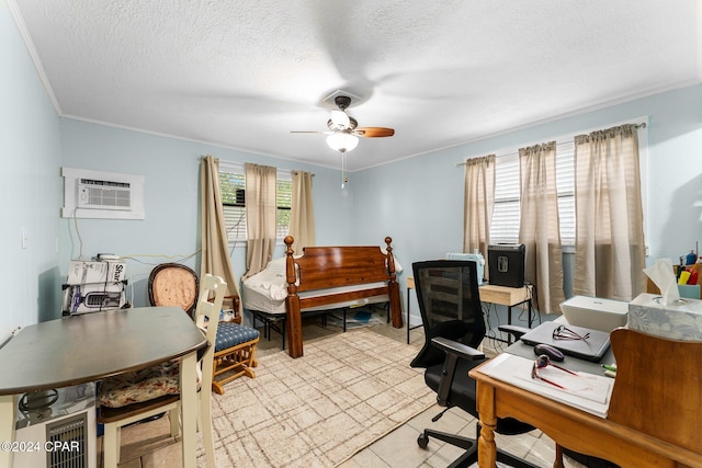 office featuring ceiling fan, a wall mounted AC, crown molding, a textured ceiling, and light tile patterned floors