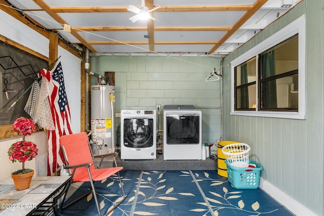 interior space with washer and clothes dryer and water heater