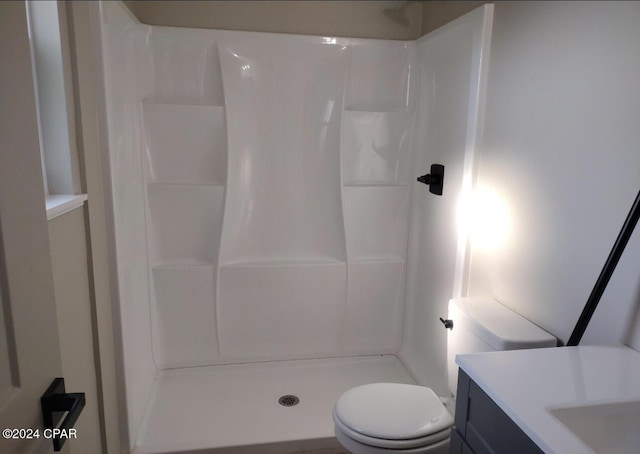 bathroom featuring vanity, toilet, and walk in shower