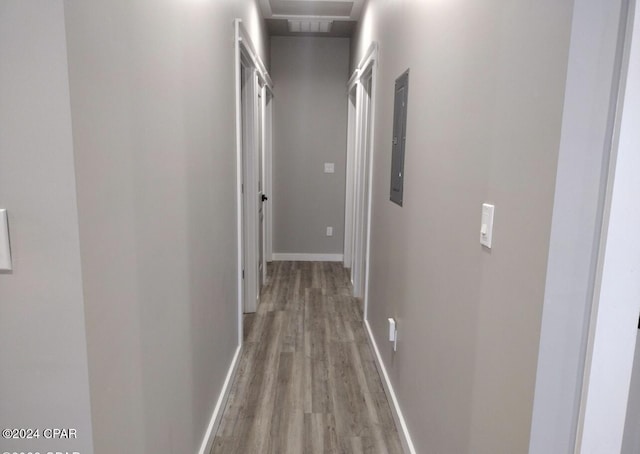 corridor featuring electric panel and light hardwood / wood-style flooring