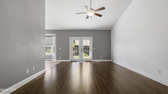 unfurnished room with french doors, hardwood / wood-style flooring, and ceiling fan