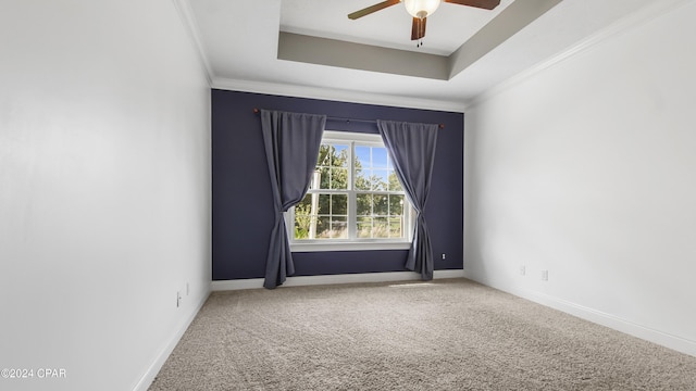 carpeted spare room with ceiling fan, a raised ceiling, and ornamental molding