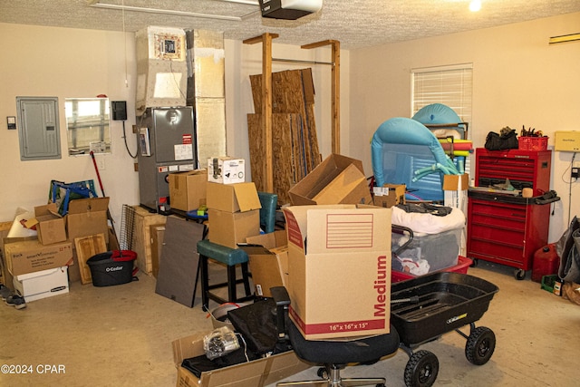 storage area featuring electric panel and heating unit