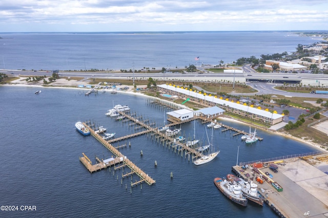 drone / aerial view with a water view