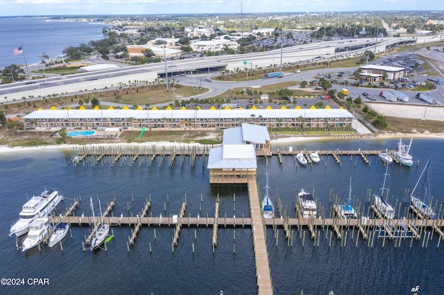 birds eye view of property featuring a water view