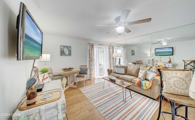 living area featuring a textured ceiling, a ceiling fan, and wood finished floors