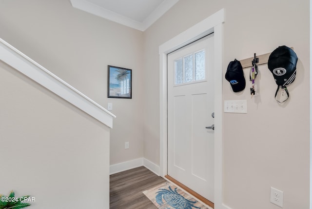 foyer entrance featuring ornamental molding and wood-type flooring