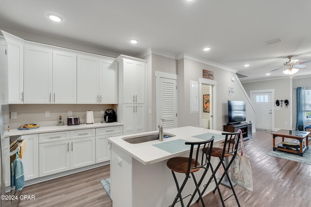 kitchen featuring white cabinetry, sink, light hardwood / wood-style flooring, and an island with sink