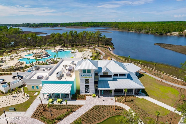 bird's eye view with a water view