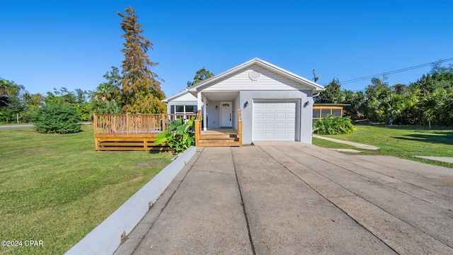 ranch-style house with a deck and a front yard