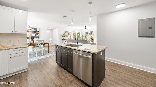 kitchen with dishwasher, decorative light fixtures, dark hardwood / wood-style floors, and white cabinetry