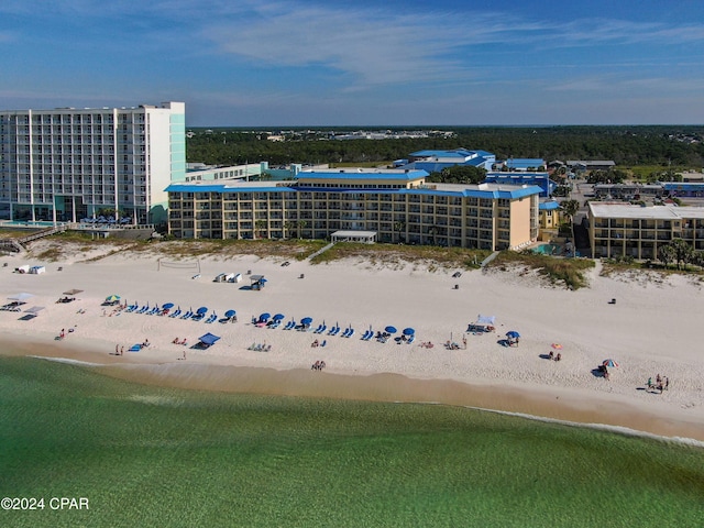 aerial view featuring a beach view and a water view