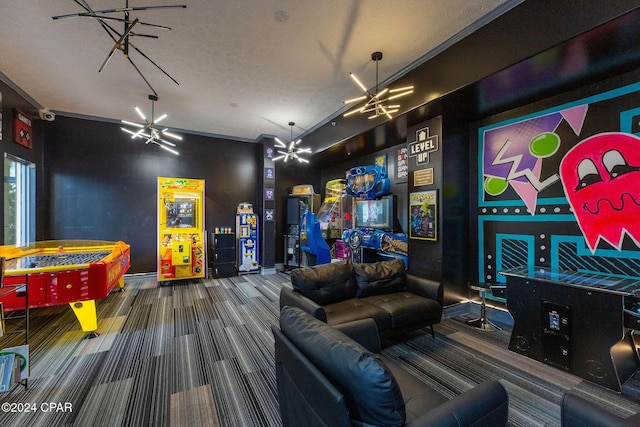 playroom with carpet floors and a chandelier