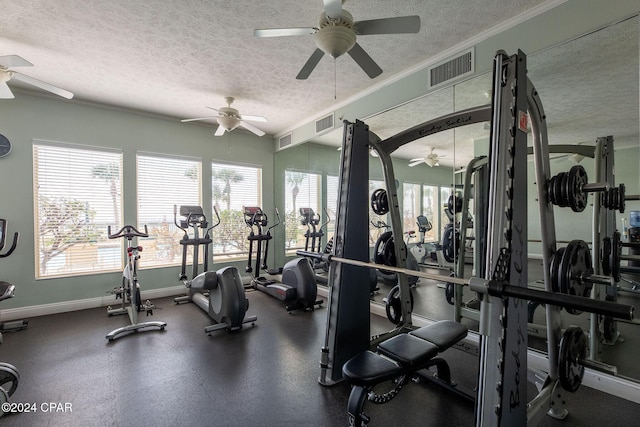 exercise room with crown molding, ceiling fan, and a textured ceiling