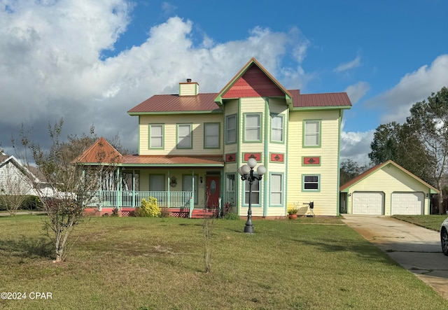 victorian home featuring a porch, a garage, an outdoor structure, and a front lawn