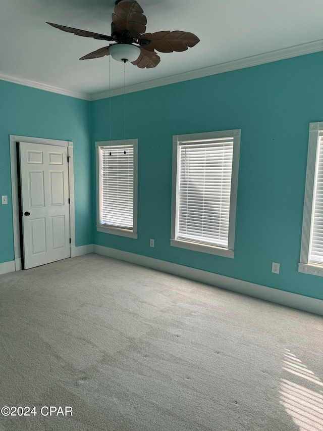 carpeted spare room with ceiling fan and crown molding