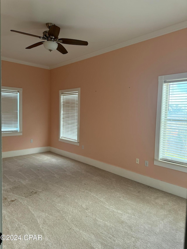 empty room with light colored carpet, ceiling fan, and ornamental molding