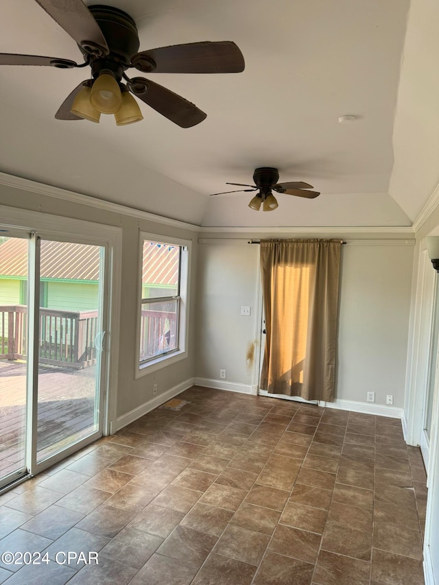 unfurnished room featuring ceiling fan and lofted ceiling