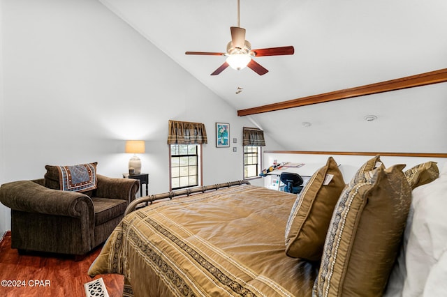 bedroom featuring ceiling fan, lofted ceiling with beams, and dark hardwood / wood-style floors