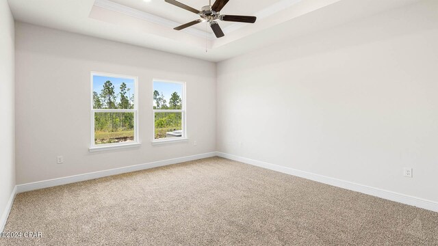 unfurnished room with crown molding, a tray ceiling, carpet floors, and ceiling fan