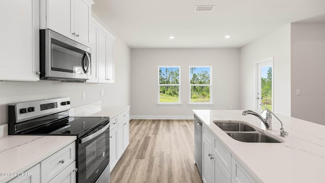 kitchen with sink, appliances with stainless steel finishes, white cabinetry, plenty of natural light, and light stone counters