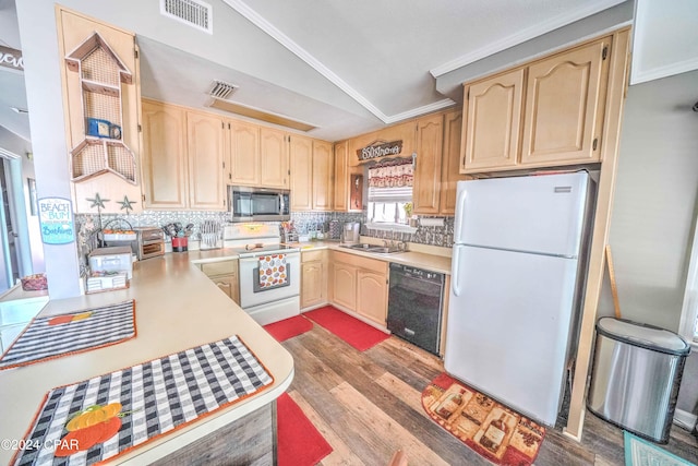 kitchen featuring tasteful backsplash, white appliances, crown molding, light hardwood / wood-style flooring, and lofted ceiling