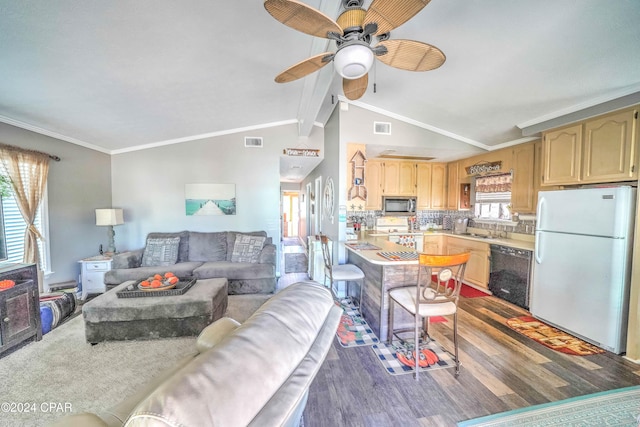 living room featuring dark hardwood / wood-style flooring, vaulted ceiling with beams, plenty of natural light, and ceiling fan