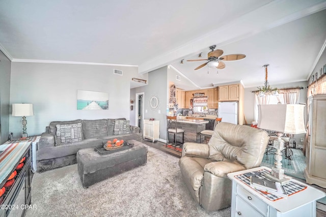 living room featuring vaulted ceiling with beams, ceiling fan, and ornamental molding