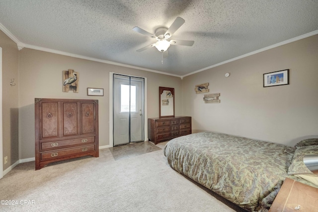 bedroom featuring a textured ceiling, crown molding, and light colored carpet