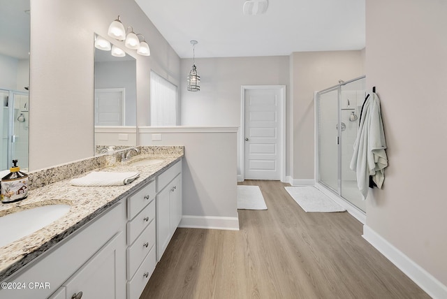 bathroom with vanity, wood-type flooring, and a shower with shower door