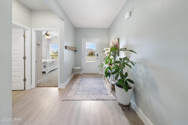 doorway with ceiling fan and light hardwood / wood-style flooring