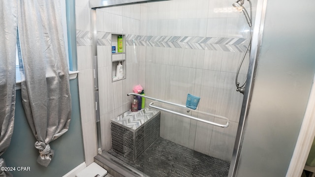 bathroom featuring a shower with shower door