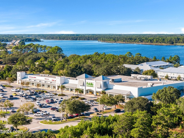 drone / aerial view with a water view