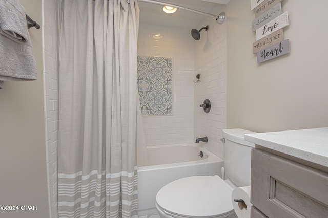 full bathroom with toilet, shower / bathtub combination with curtain, and vanity