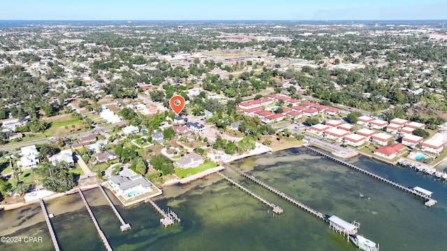 aerial view featuring a residential view and a water view