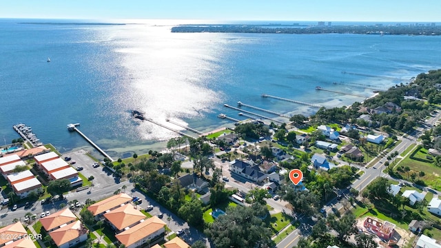 aerial view featuring a water view and a residential view