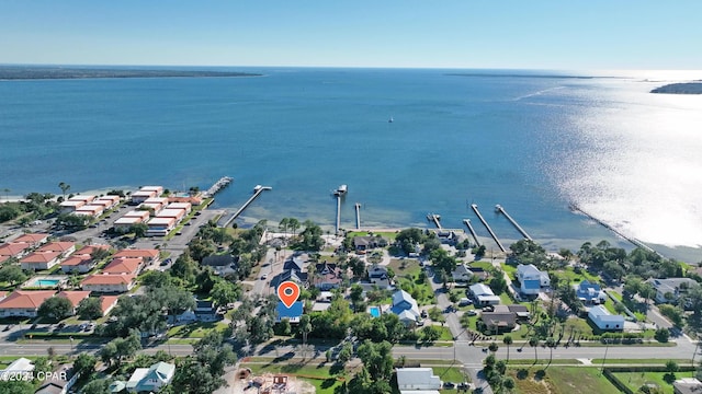 aerial view with a water view and a residential view