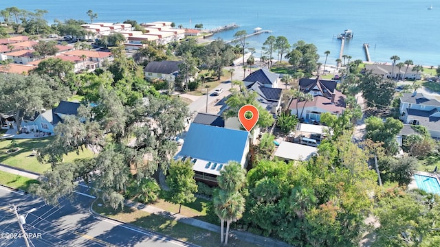 aerial view with a water view and a residential view