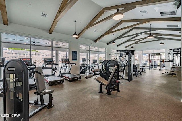 workout area with plenty of natural light and high vaulted ceiling