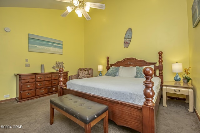 bedroom featuring light carpet and ceiling fan