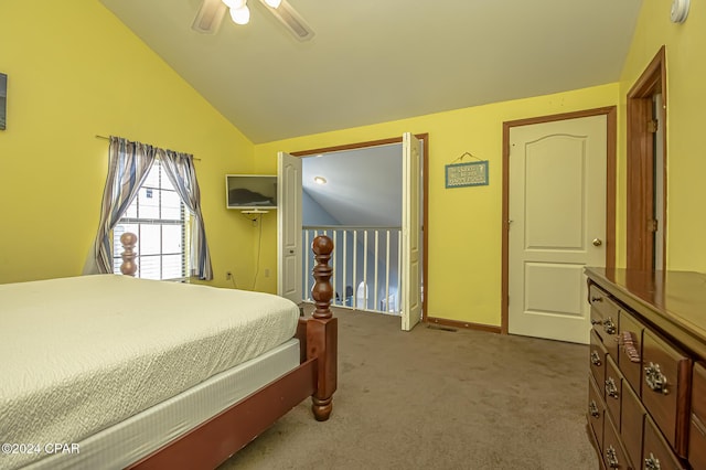 bedroom featuring ceiling fan, light carpet, and lofted ceiling