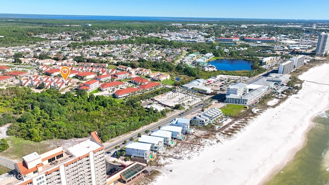 aerial view featuring a beach view and a water view